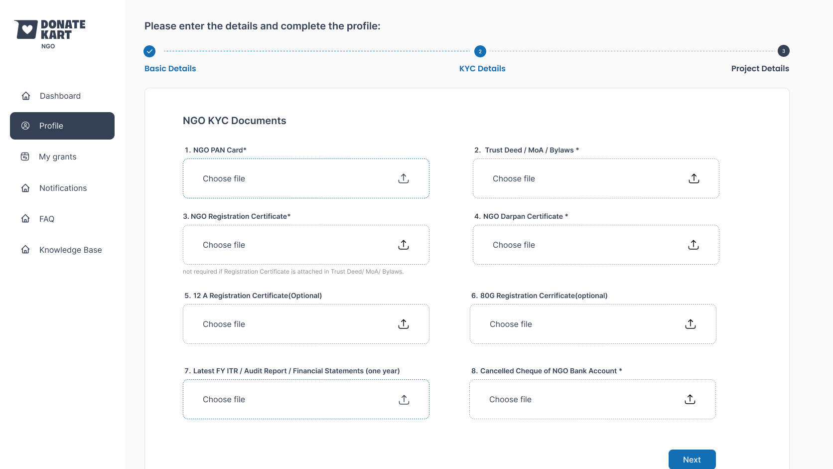 NGO KYC document submission screen