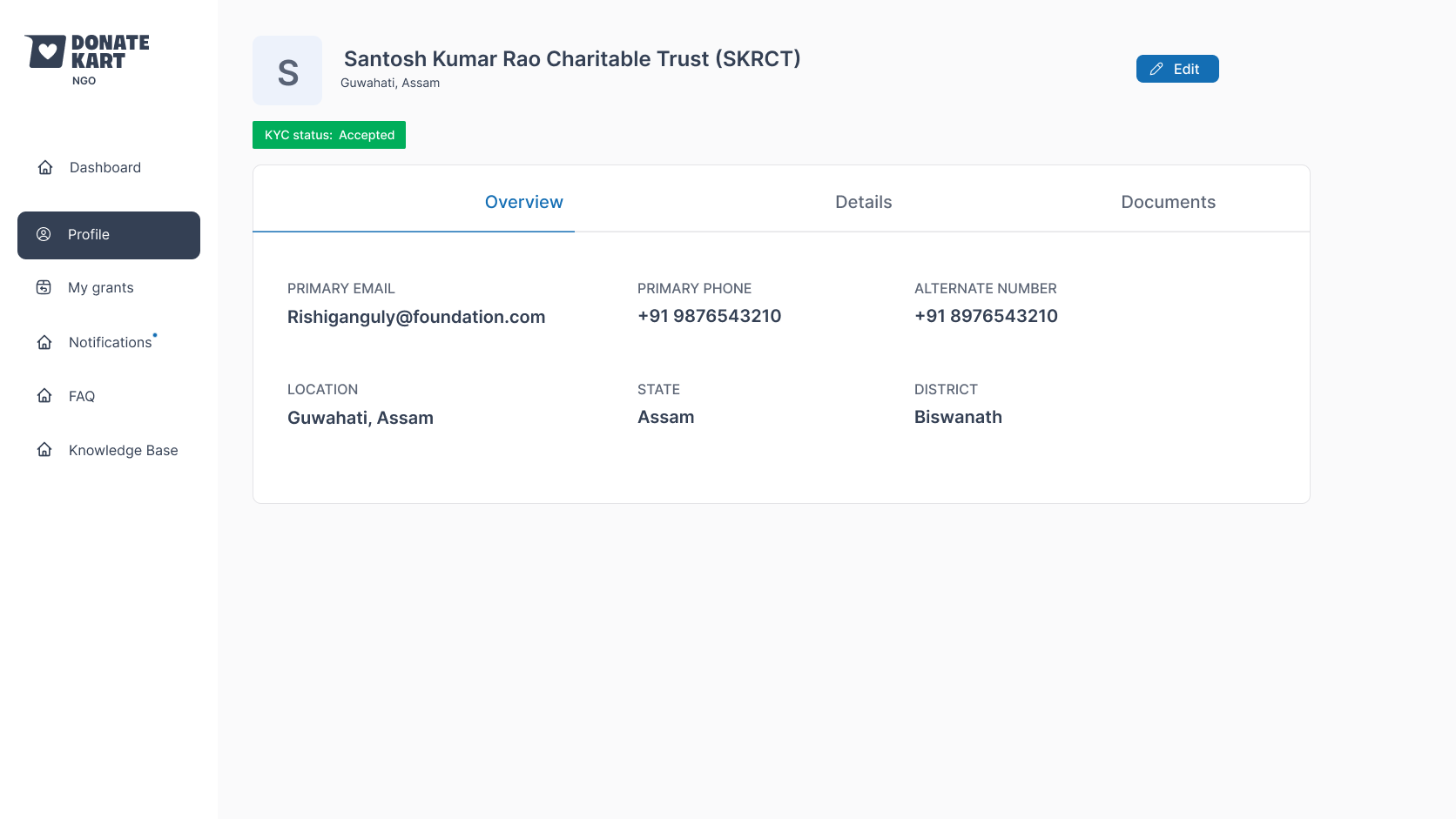 NGO profile overview screen